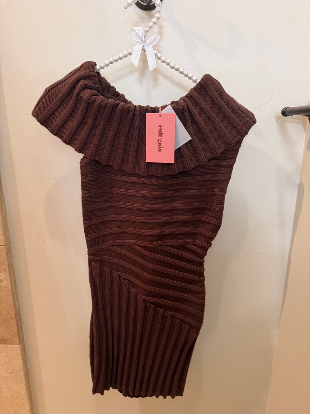cult gaia off Shoulder Ribbed Knit Dress in Chocolate Brown